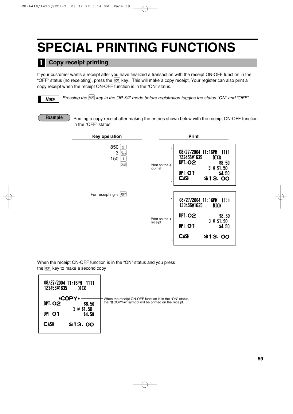 Special printing functions | Sony ER-A420 User Manual | Page 61 / 190