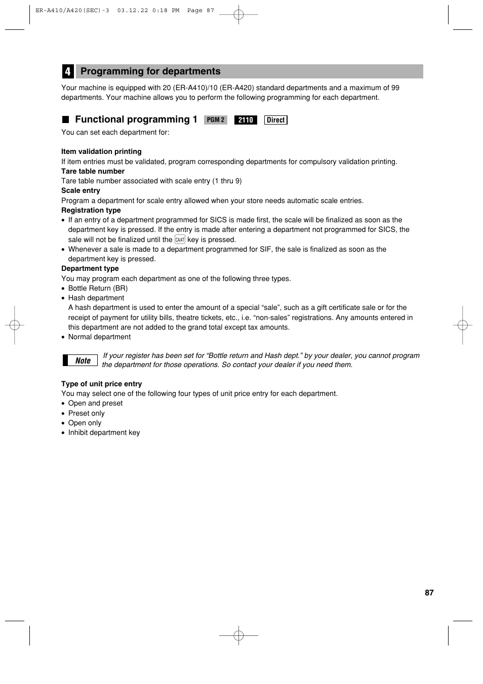 Functional programming 1, Programming for departments | Sony ER-A420 User Manual | Page 89 / 190