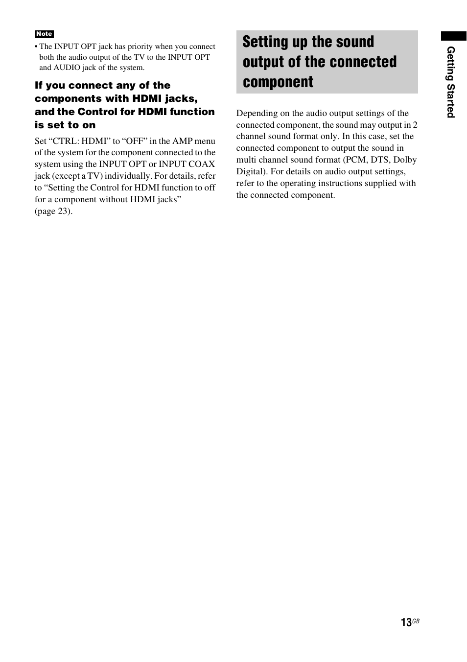 Setting up the sound output of the, Connected component | Sony 3-877-030-12(1) User Manual | Page 13 / 40