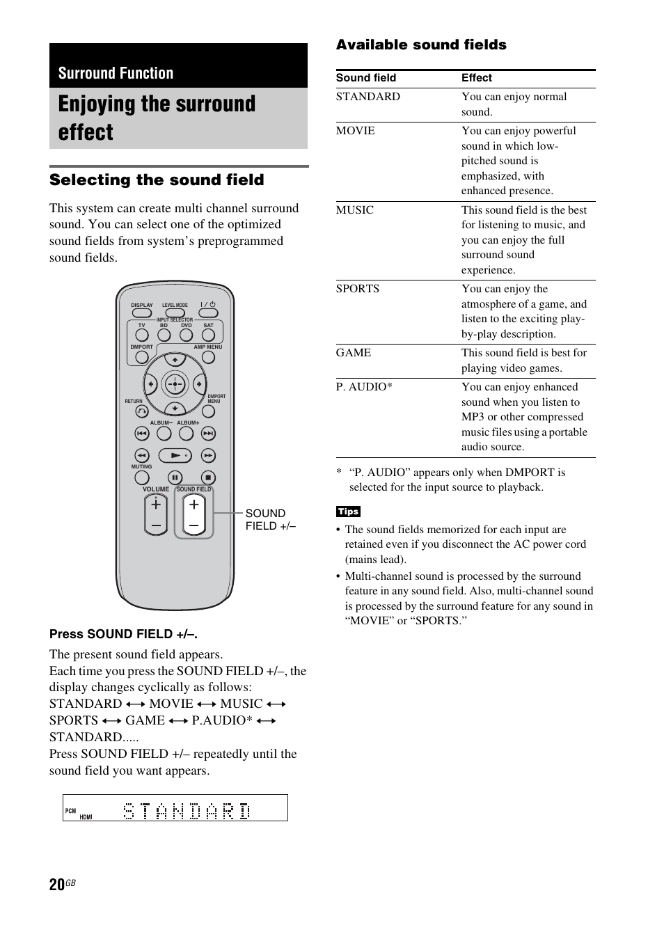 Surround function, Enjoying the surround effect, Selecting the sound field | Available sound fields | Sony 3-877-030-12(1) User Manual | Page 20 / 40