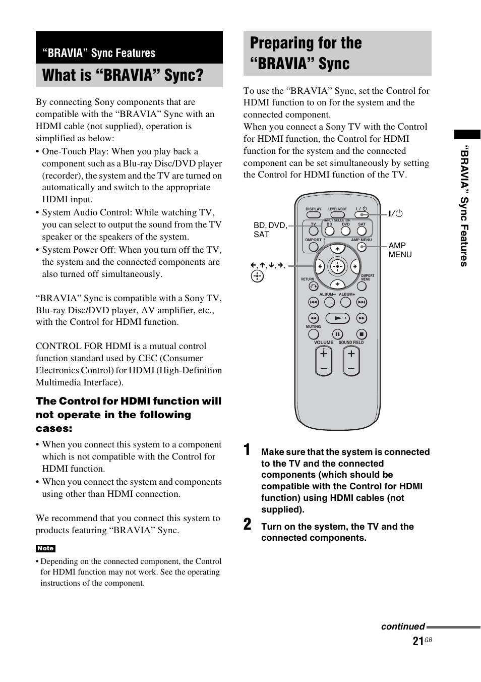 Bravia” sync features, What is “bravia” sync, Preparing for the “bravia” sync | Bra via” sync fea tures | Sony 3-877-030-12(1) User Manual | Page 21 / 40