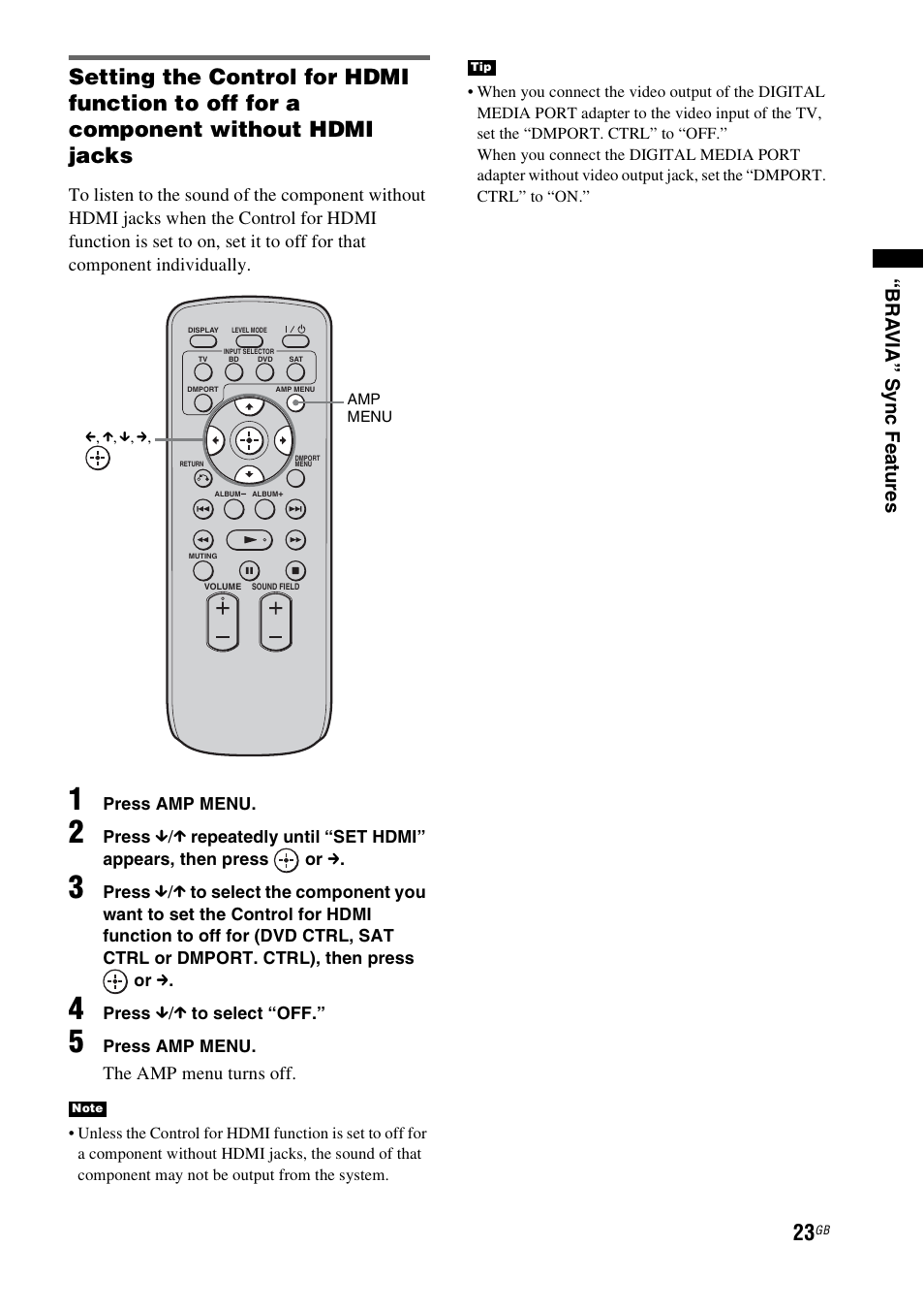 Bra via” sync fea tures, The amp menu turns off | Sony 3-877-030-12(1) User Manual | Page 23 / 40