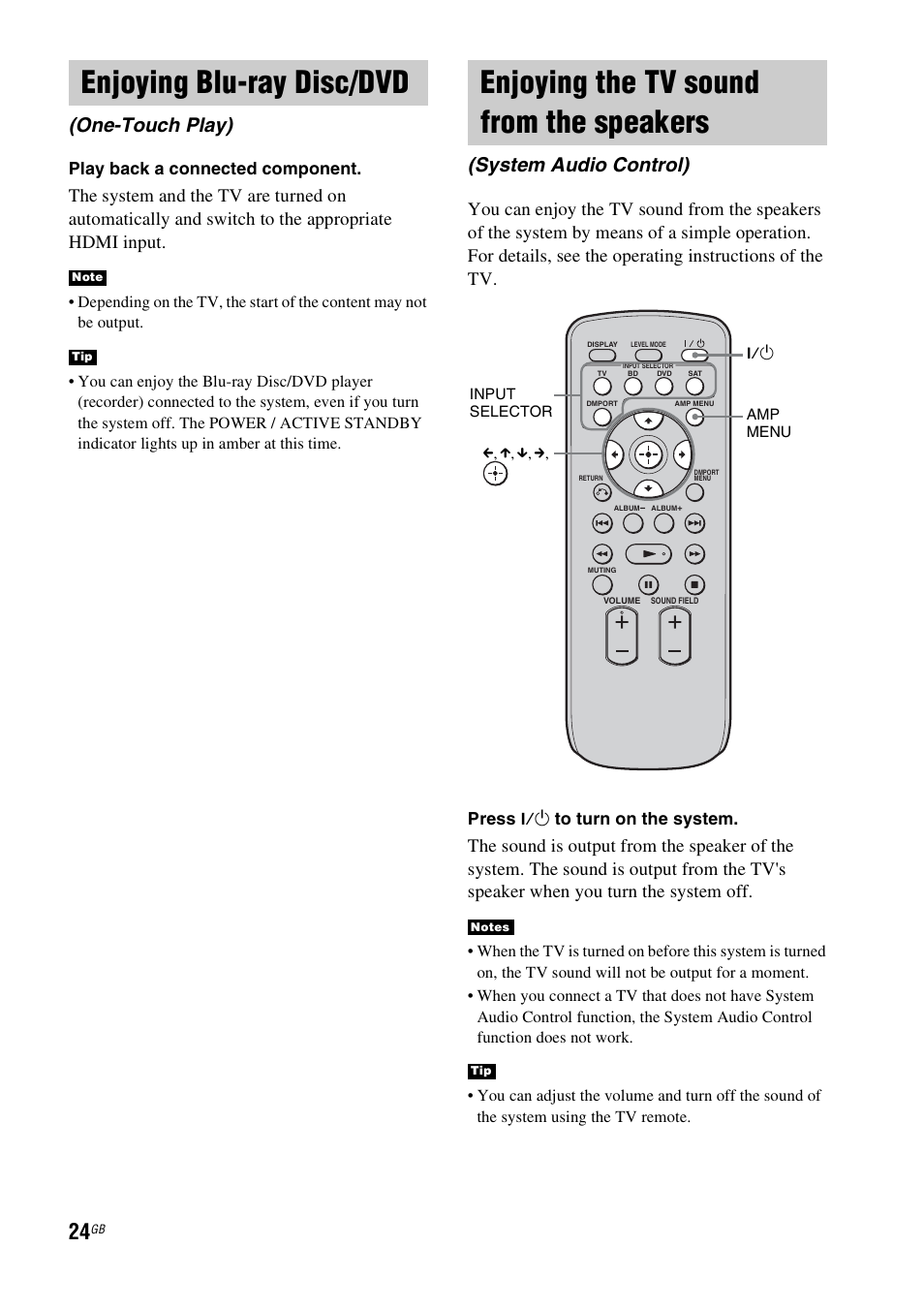 Enjoying blu-ray disc/dvd, Enjoying the tv sound from the speakers, One-touch play) | Enjoying the tv sound from the, Speakers (system audio control), System audio control), Play back a connected component, Press | Sony 3-877-030-12(1) User Manual | Page 24 / 40