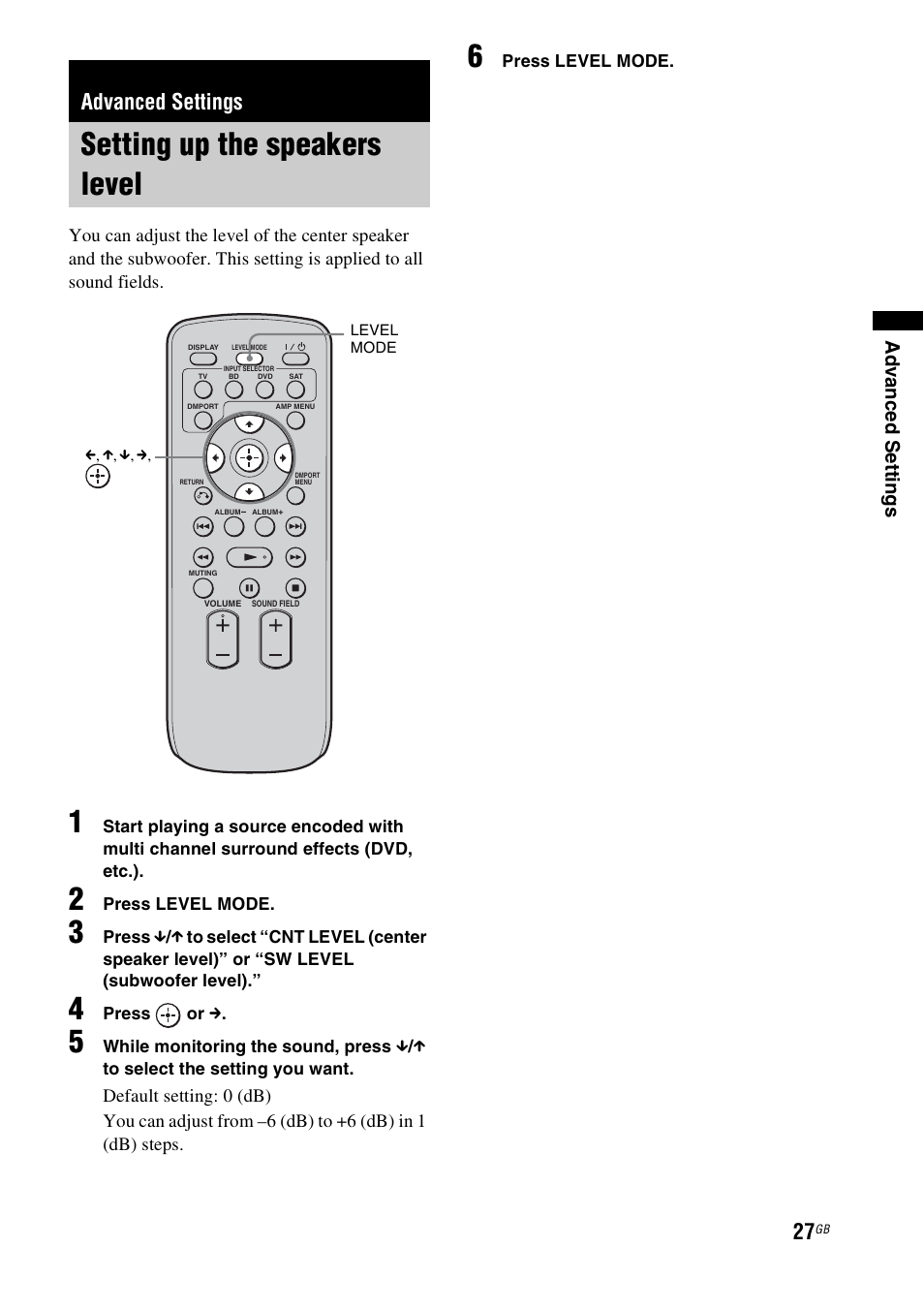 Advanced settings, Setting up the speakers level, Ad v a nce d setti ngs | Sony 3-877-030-12(1) User Manual | Page 27 / 40