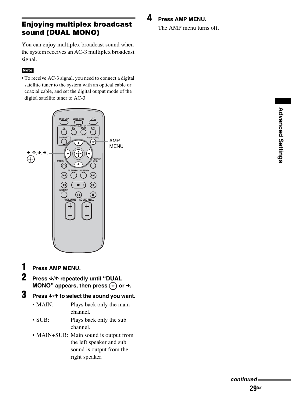 Enjoying multiplex broadcast sound (dual mono), Ad v a nce d setti ngs, Dual mono | The amp menu turns off | Sony 3-877-030-12(1) User Manual | Page 29 / 40