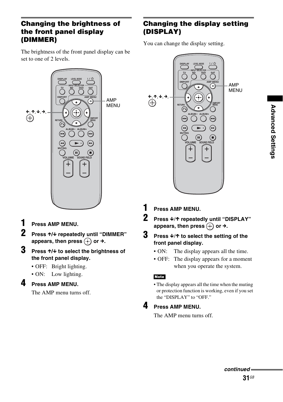 Changing the display setting (display), Ad v a nce d setti ngs, Off: bright lighting. • on: low lighting | The amp menu turns off, You can change the display setting | Sony 3-877-030-12(1) User Manual | Page 31 / 40