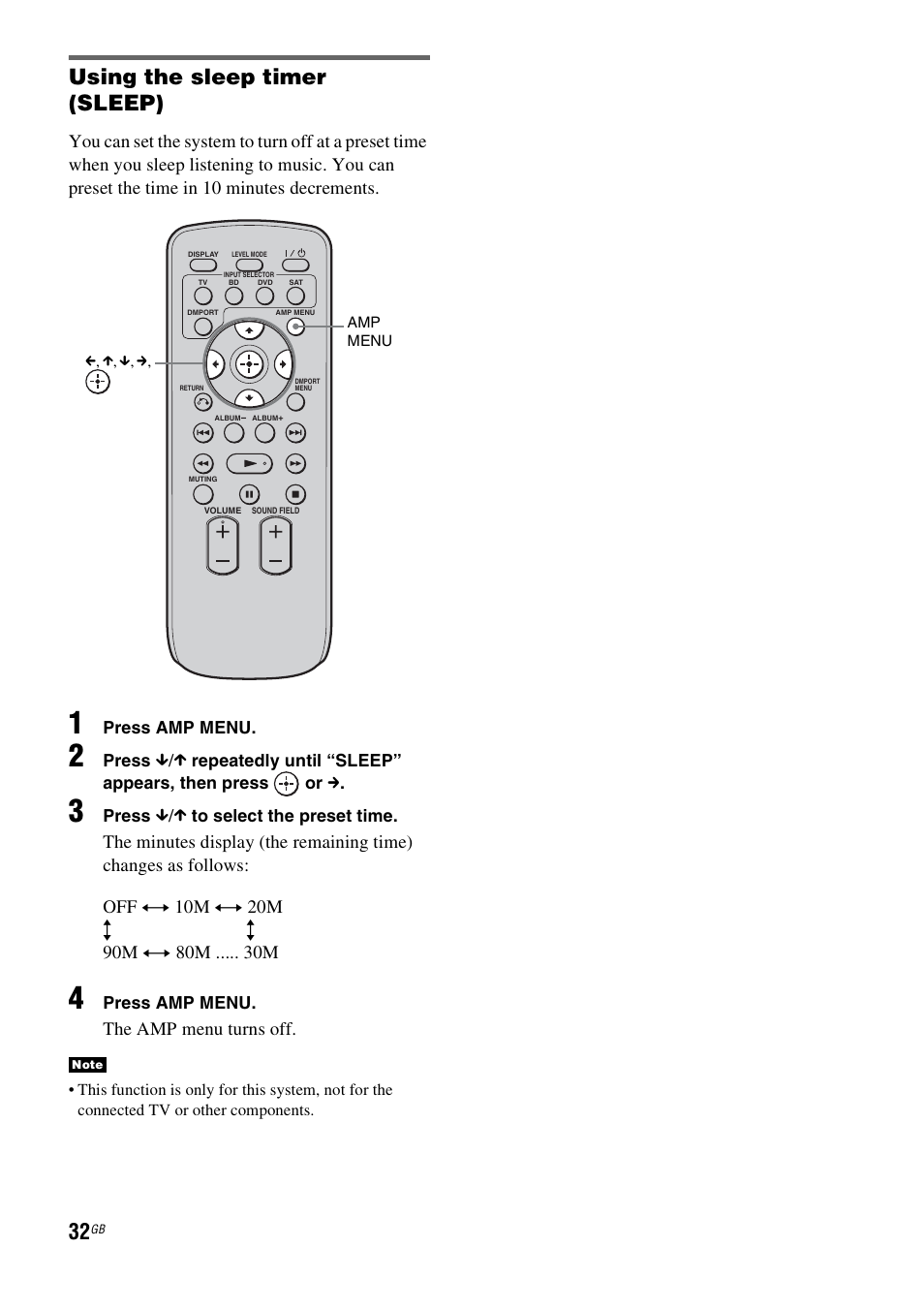 Using the sleep timer (sleep), The amp menu turns off | Sony 3-877-030-12(1) User Manual | Page 32 / 40