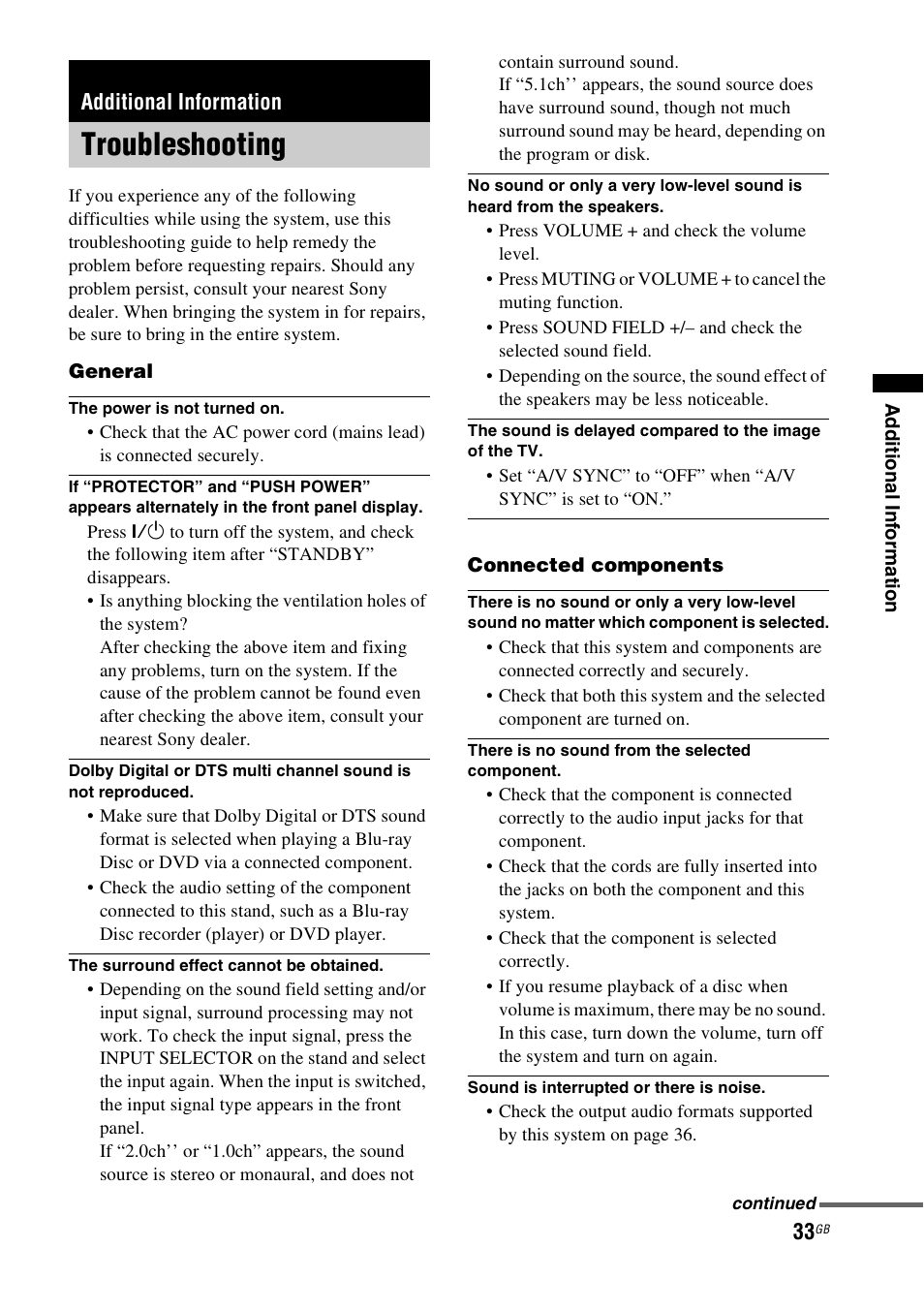 Additional information, Troubleshooting | Sony 3-877-030-12(1) User Manual | Page 33 / 40