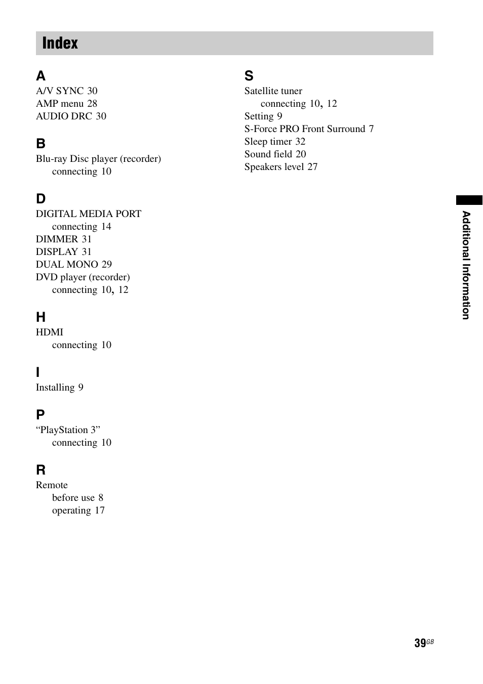 Index | Sony 3-877-030-12(1) User Manual | Page 39 / 40