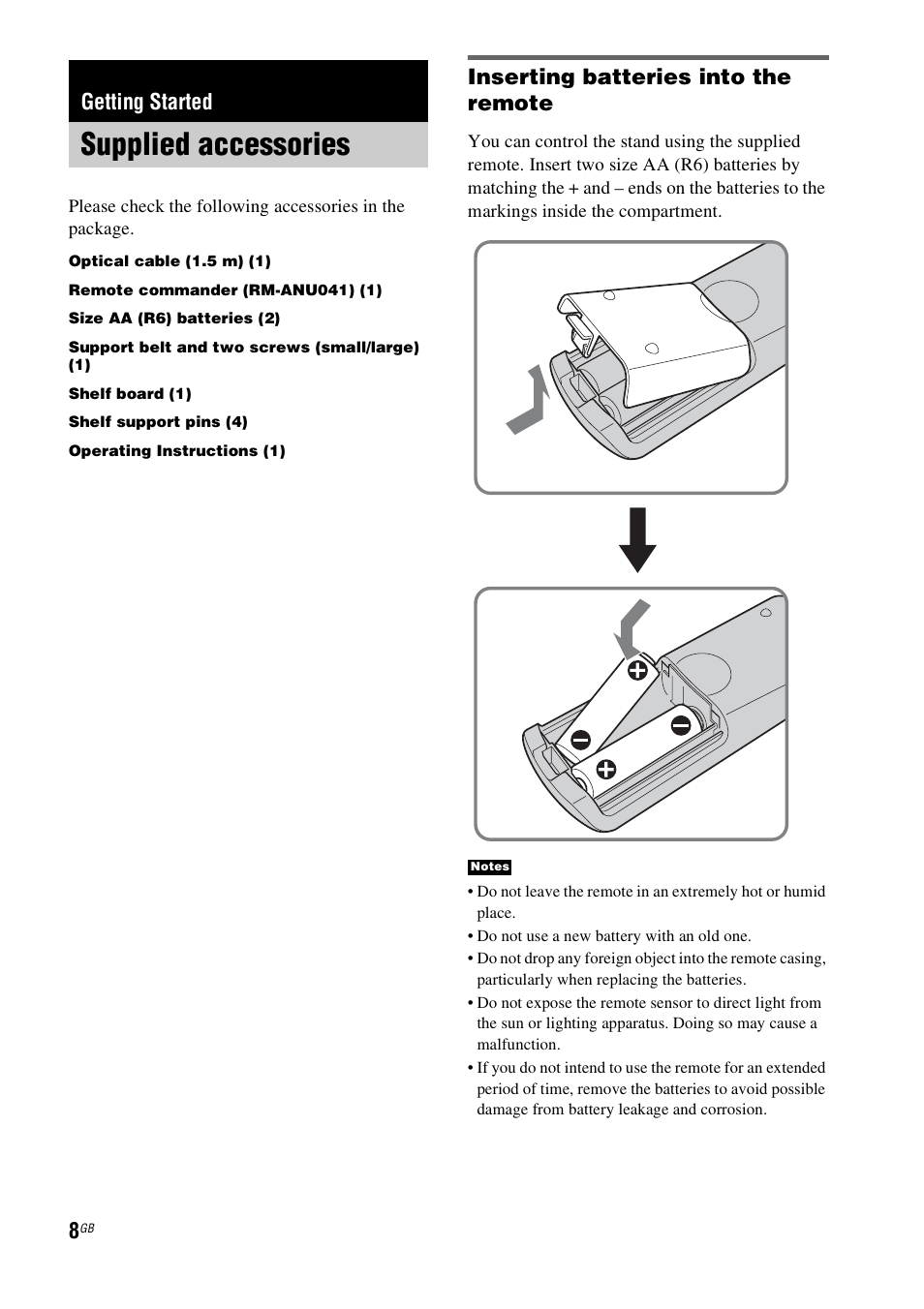 Getting started, Supplied accessories, Inserting batteries into the remote | Sony 3-877-030-12(1) User Manual | Page 8 / 40