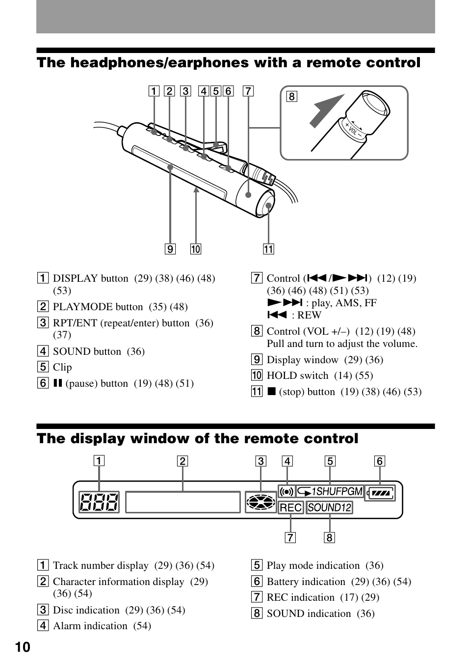 The headphones/earphones with a remote control, The display window of the remote control, 10 the headphones/earphones with a remote control | Sony MZ-R900 User Manual | Page 10 / 72
