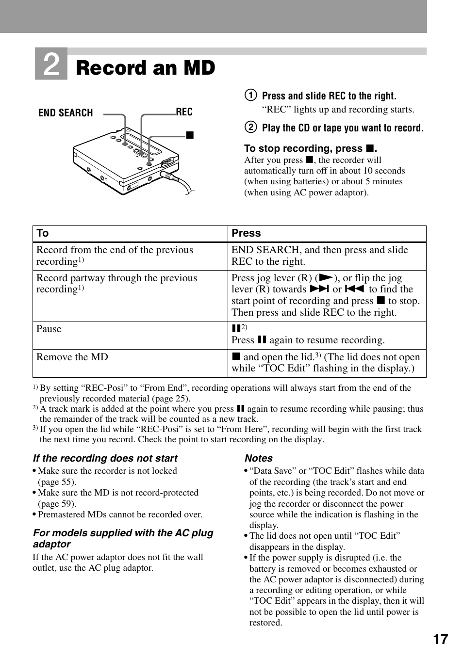 H (17) (2, On (17) (1, On (17) | Record an md | Sony MZ-R900 User Manual | Page 17 / 72