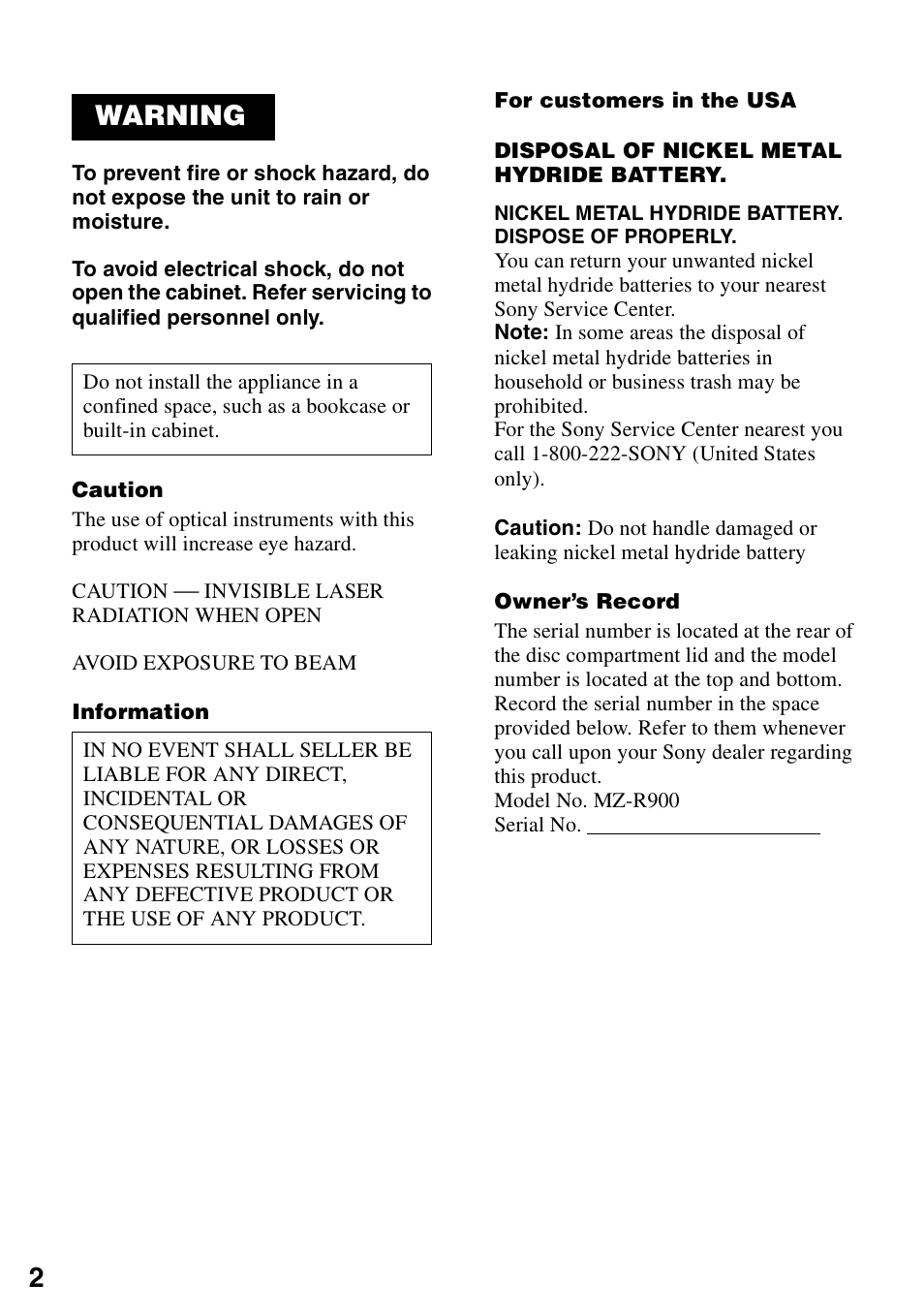 Warning | Sony MZ-R900 User Manual | Page 2 / 72