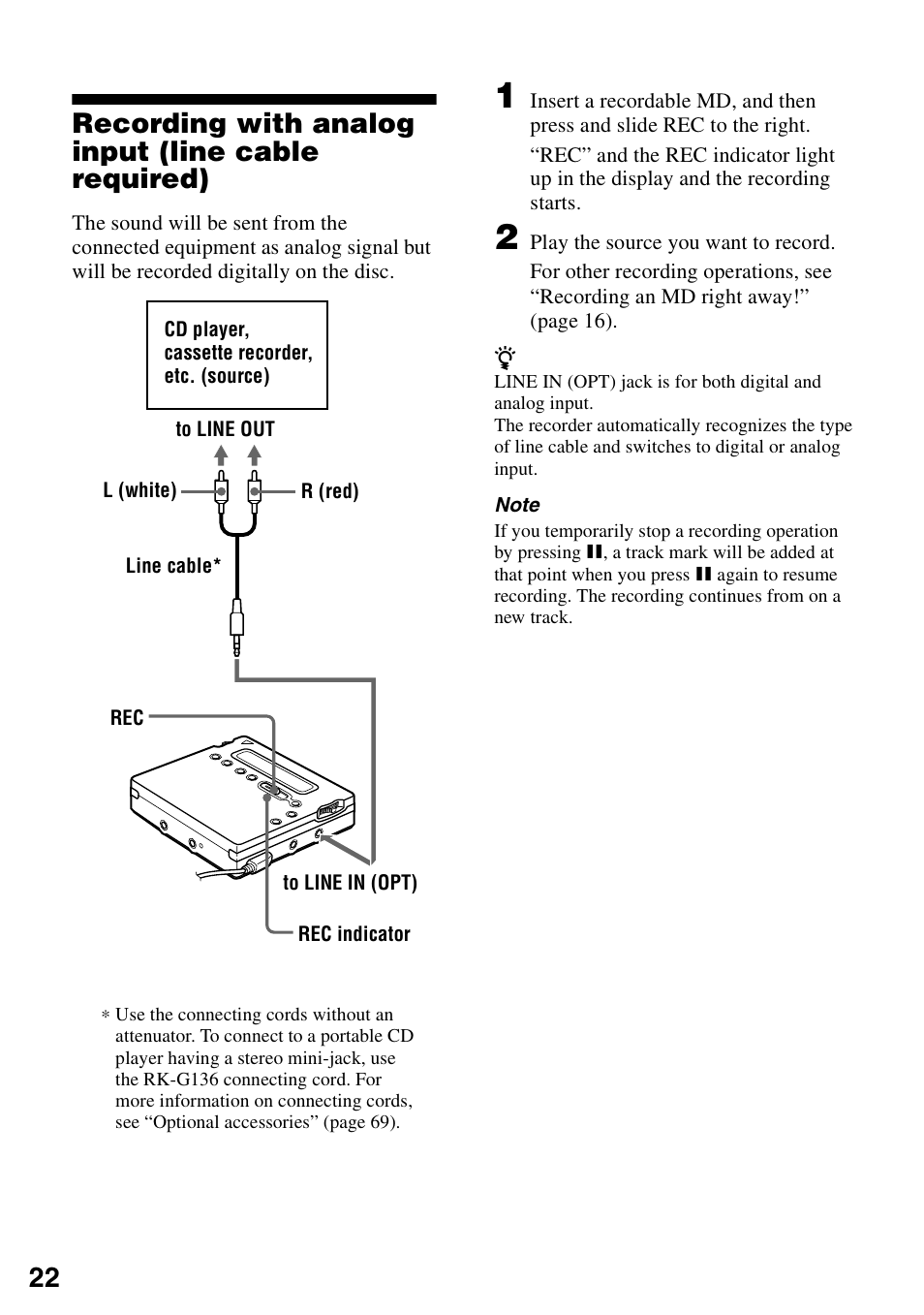 Recording with analog input (line cable required) | Sony MZ-R900 User Manual | Page 22 / 72