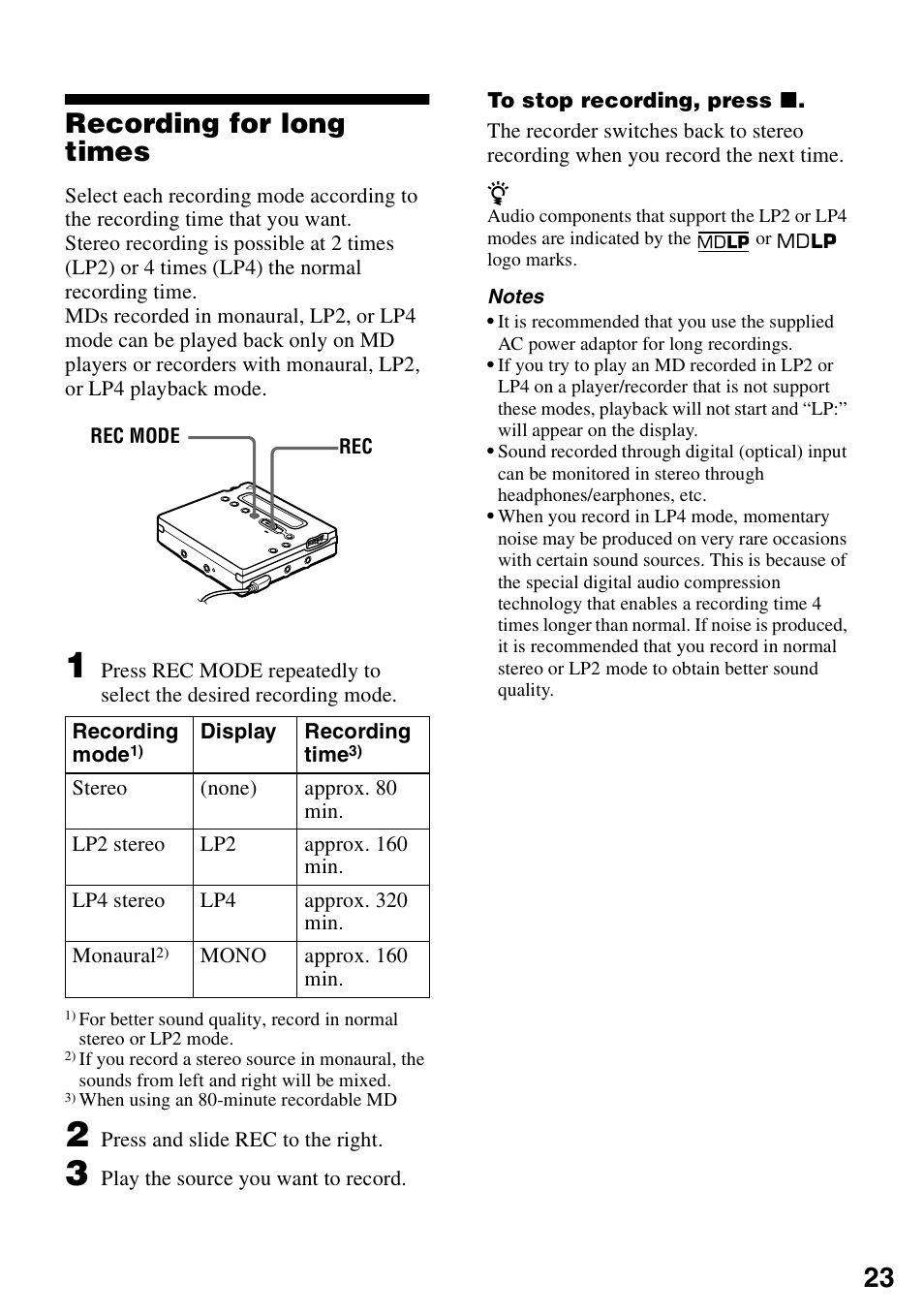 Recording for long times, 23 recording for long times | Sony MZ-R900 User Manual | Page 23 / 72