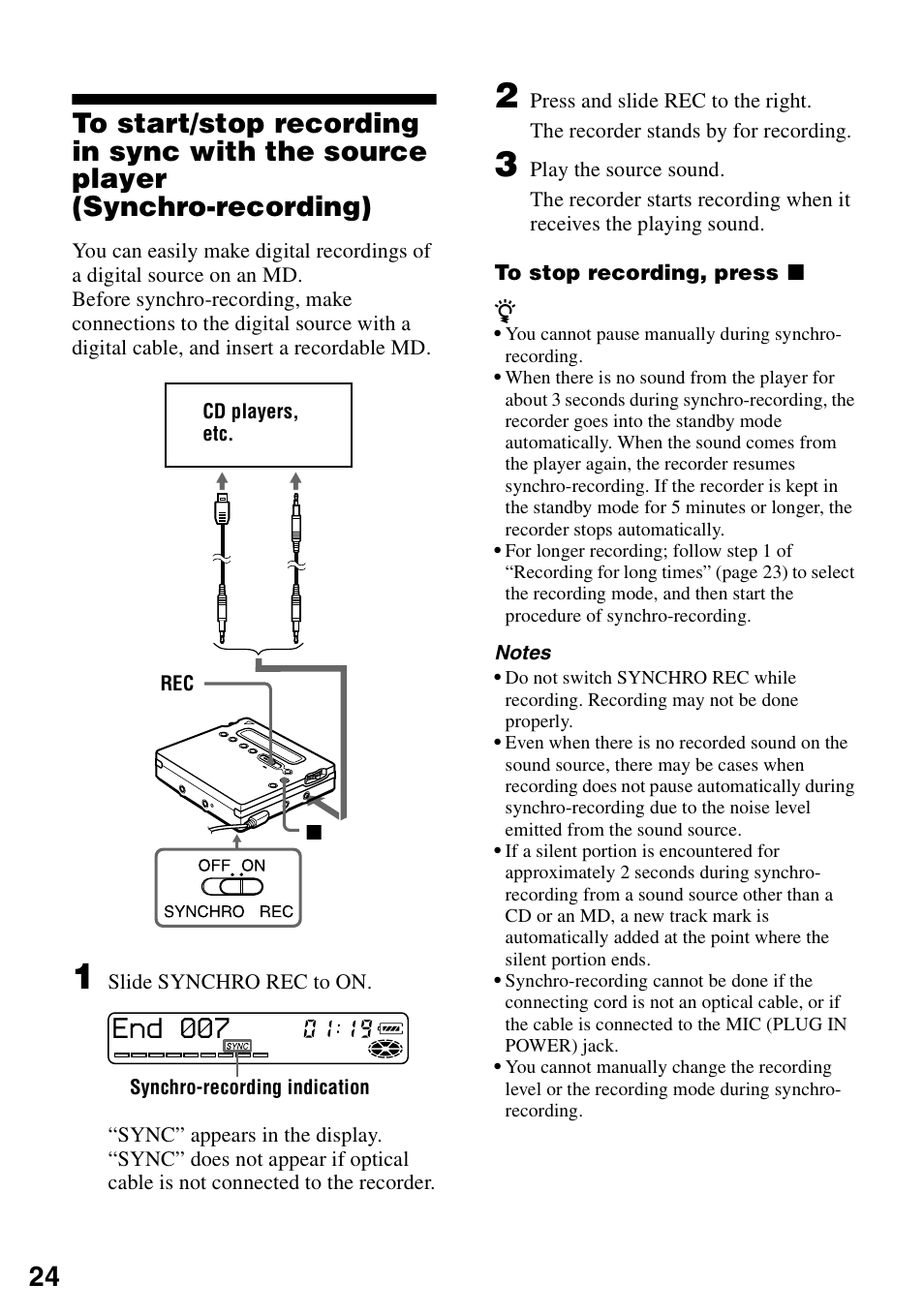 Synchro-recording), On (24), End ¢¢7 | Sony MZ-R900 User Manual | Page 24 / 72