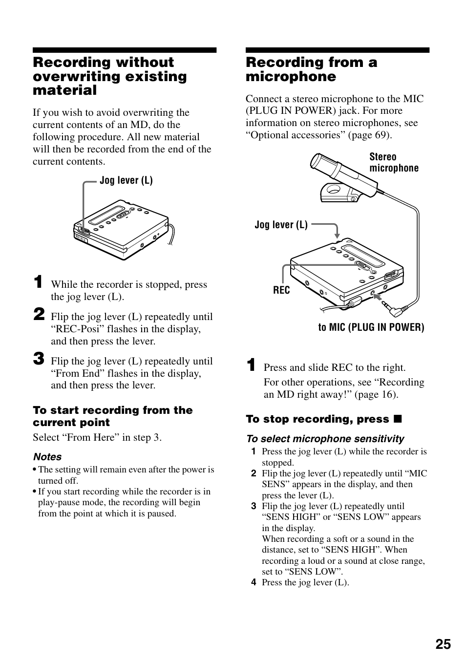 Recording without overwriting existing material, Recording from a microphone, 25 recording without overwriting existing material | Sony MZ-R900 User Manual | Page 25 / 72