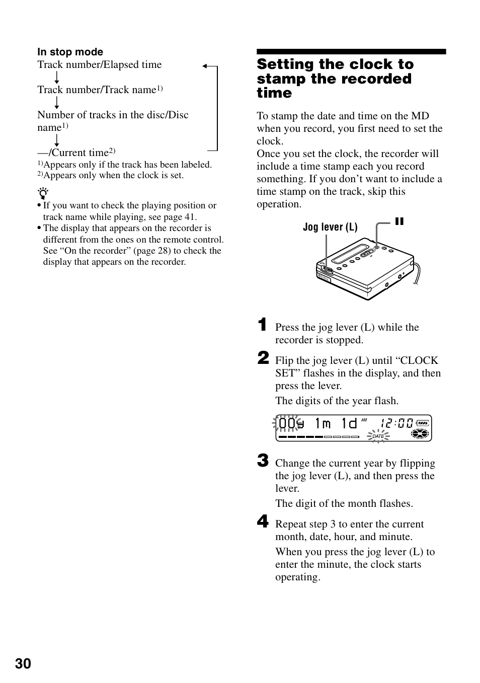 Setting the clock to stamp the recorded time, 00y 1m 1d | Sony MZ-R900 User Manual | Page 30 / 72