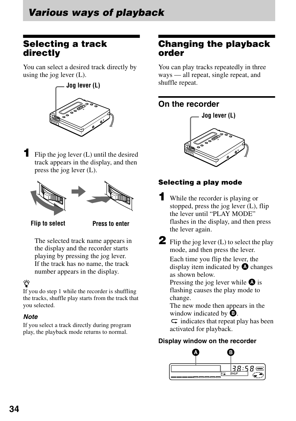 Various ways of playback, Selecting a track directly, Changing the playback order | On the recorder | Sony MZ-R900 User Manual | Page 34 / 72