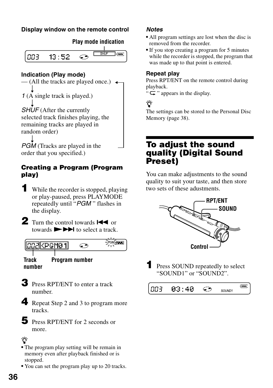To adjust the sound quality (digital sound preset) | Sony MZ-R900 User Manual | Page 36 / 72