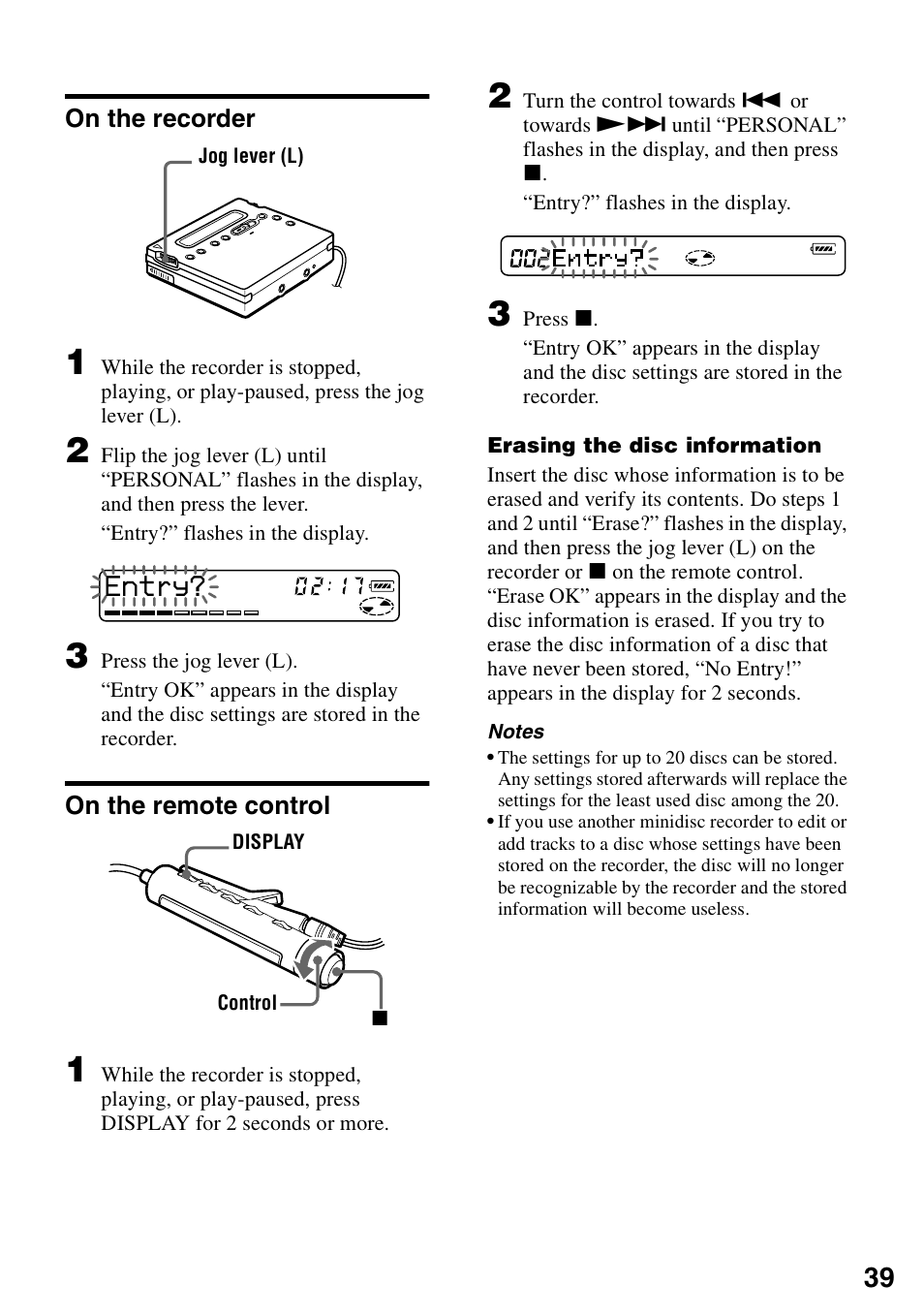 On the recorder, On the remote control, On the recorder on the remote control | Sony MZ-R900 User Manual | Page 39 / 72