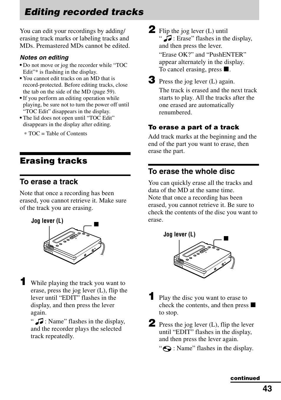 Editing recorded tracks, Erasing tracks, To erase a track | To erase the whole disc, To erase a track to erase the whole disc | Sony MZ-R900 User Manual | Page 43 / 72