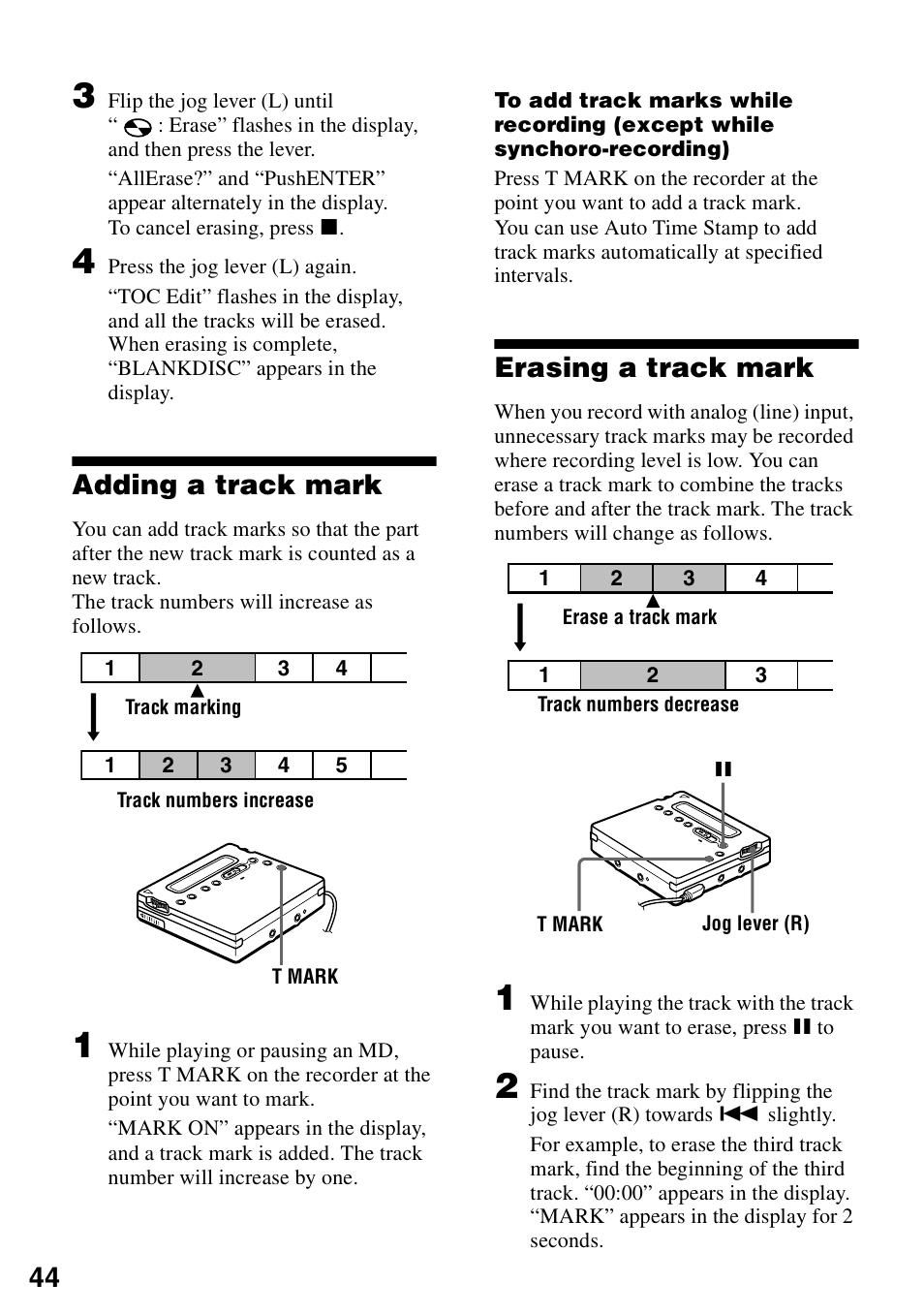 Adding a track mark, Erasing a track mark, Adding a track mark erasing a track mark | Sony MZ-R900 User Manual | Page 44 / 72