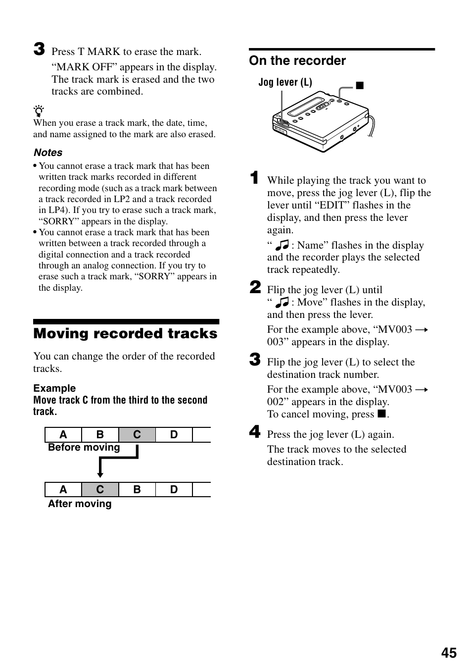 Moving recorded tracks, On the recorder, 45 t | Sony MZ-R900 User Manual | Page 45 / 72