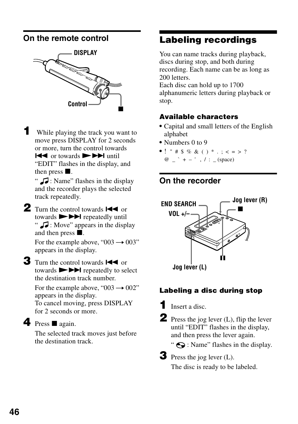 On the remote control, Labeling recordings, On the recorder | Sony MZ-R900 User Manual | Page 46 / 72