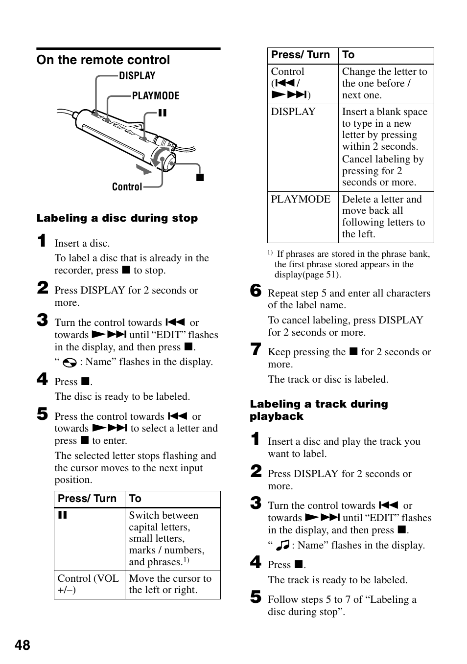 On the remote control | Sony MZ-R900 User Manual | Page 48 / 72