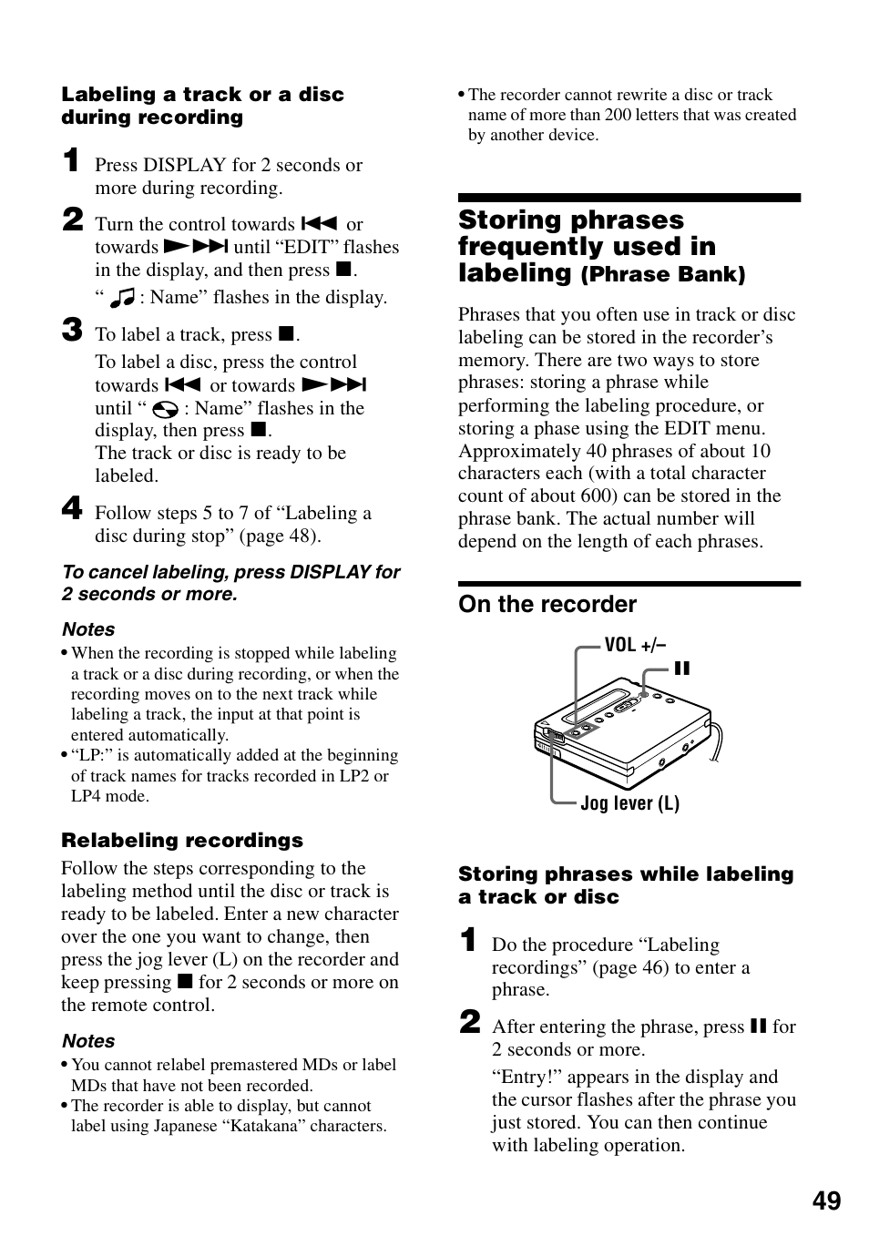 On the recorder, Storing phrases frequently used in labeling | Sony MZ-R900 User Manual | Page 49 / 72