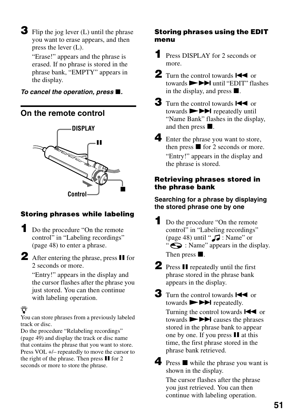 On the remote control | Sony MZ-R900 User Manual | Page 51 / 72