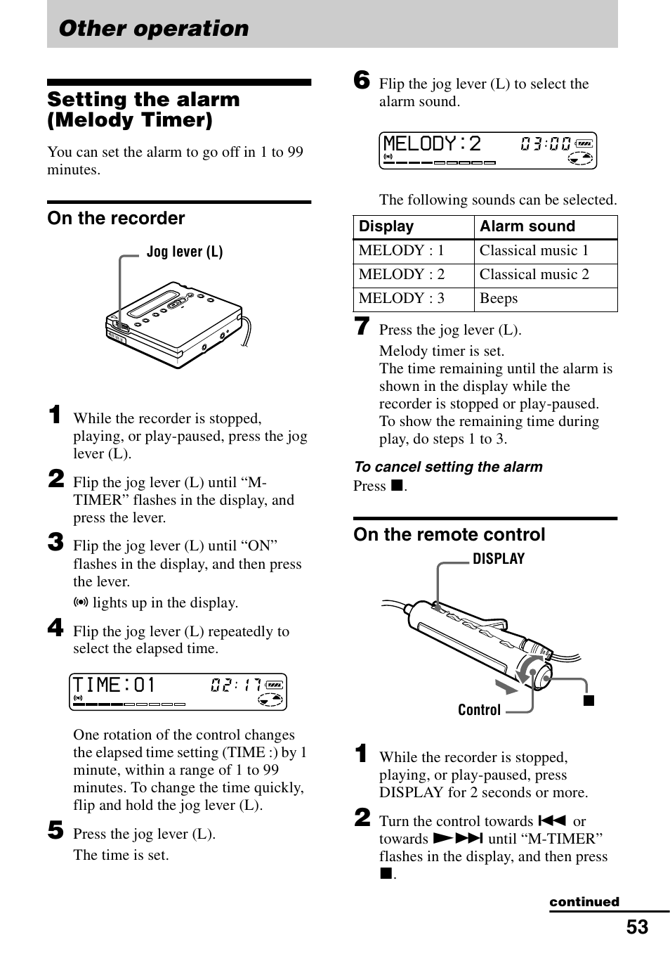 Other operation, Setting the alarm (melody timer), On the recorder | On the remote control, On the recorder on the remote control | Sony MZ-R900 User Manual | Page 53 / 72