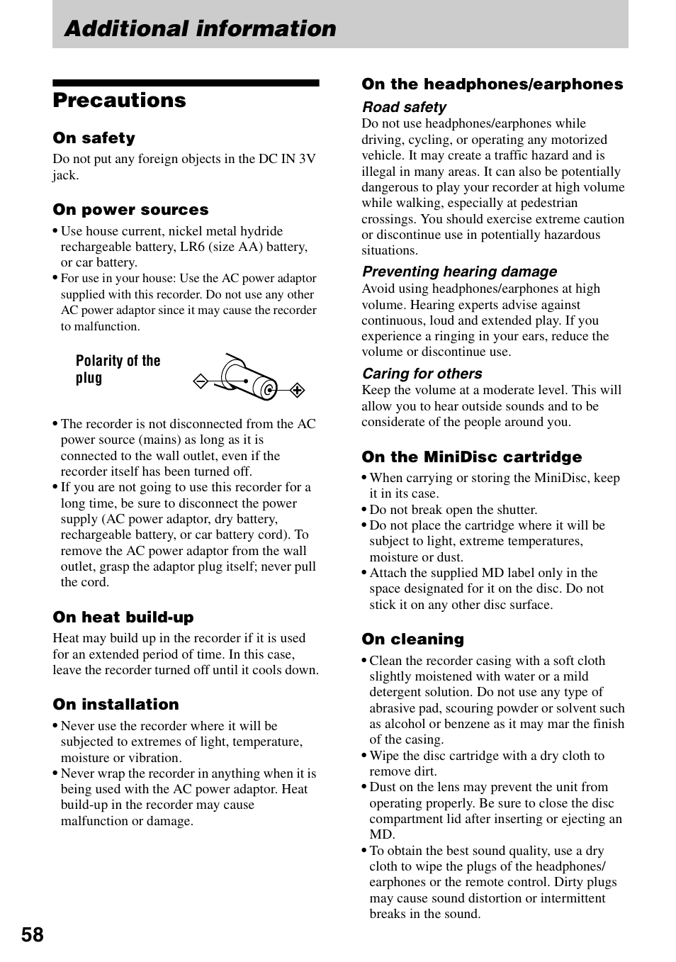 Additional information, Precautions | Sony MZ-R900 User Manual | Page 58 / 72