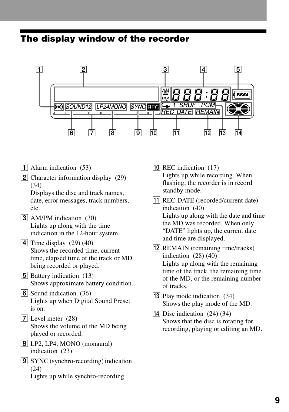 The display window of the recorder, 9the display window of the recorder | Sony MZ-R900 User Manual | Page 9 / 72