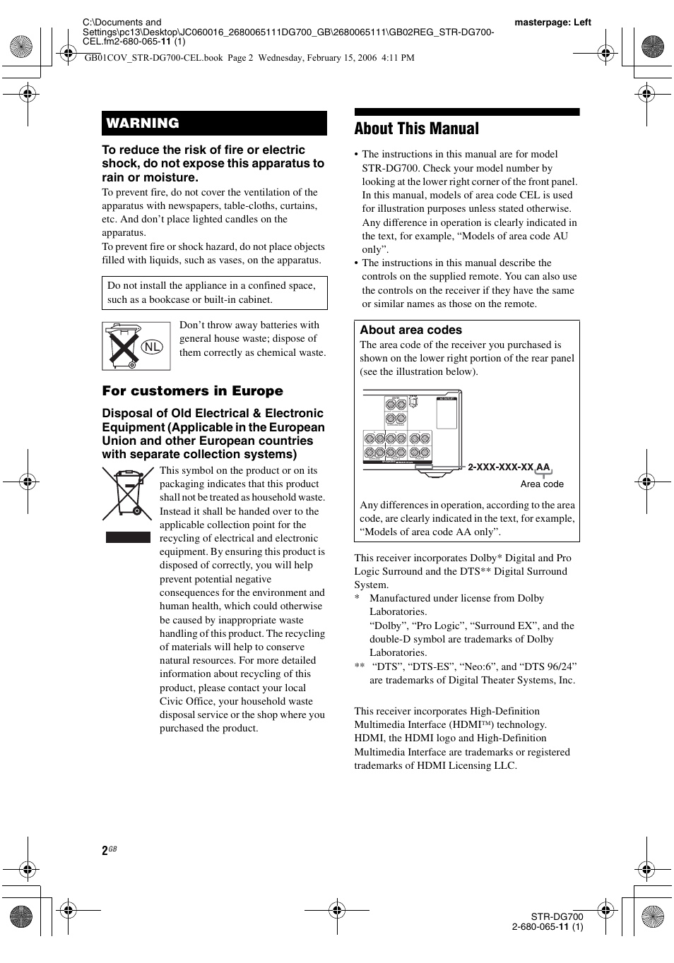 About this manual, For customers in europe, Warning | About area codes | Sony STR-DG700 User Manual | Page 2 / 84