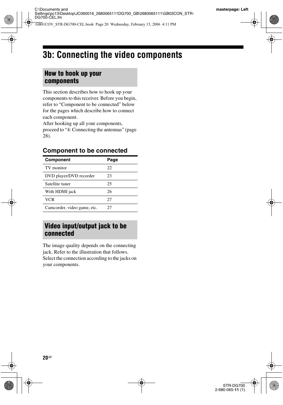 3b: connecting the video components, How to hook up your components, Video input/output jack to be connected | Component to be connected | Sony STR-DG700 User Manual | Page 20 / 84