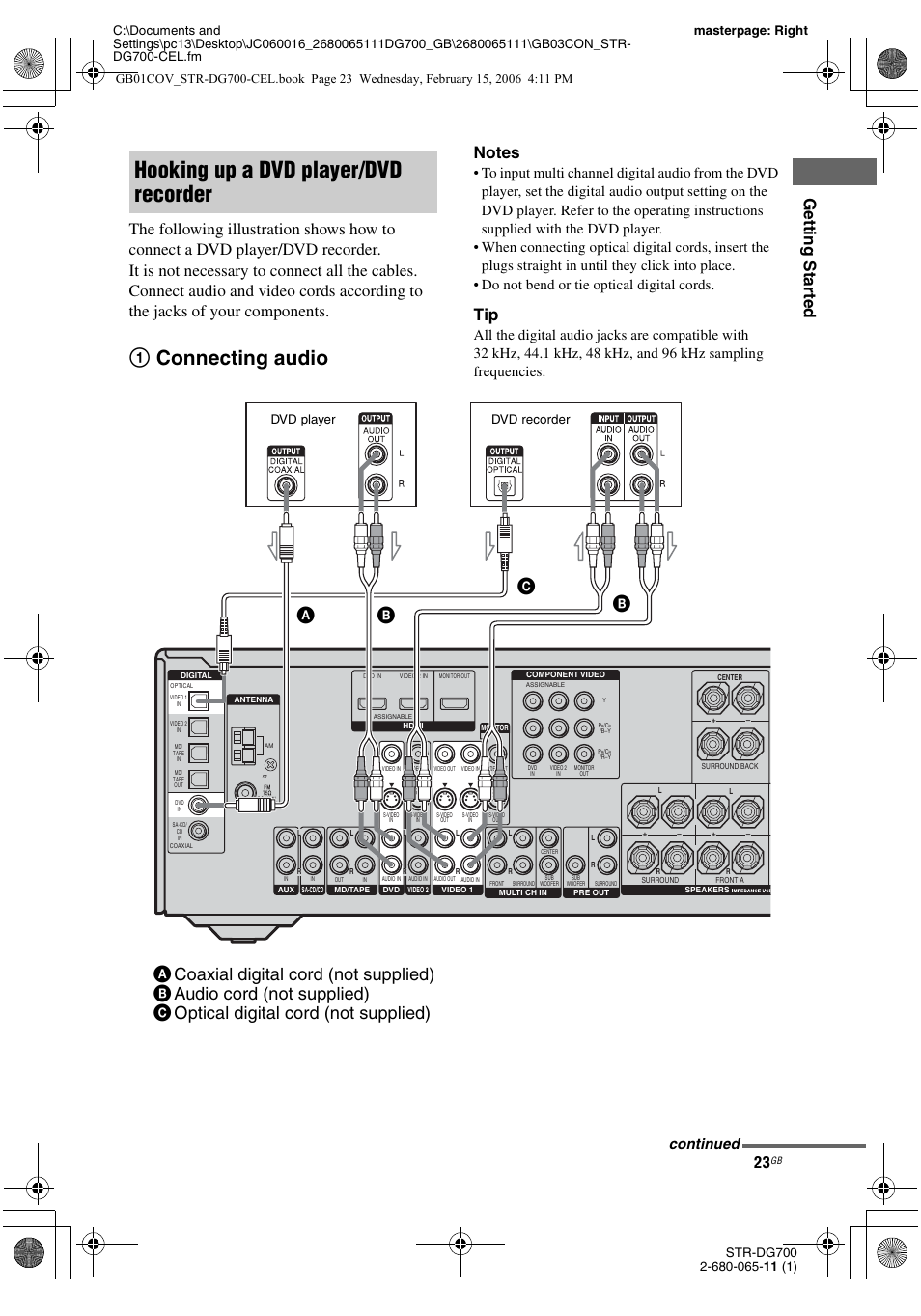 Hooking up a dvd player/dvd recorder, 1connecting audio, Continued | Dvd player, Dvd recorder | Sony STR-DG700 User Manual | Page 23 / 84