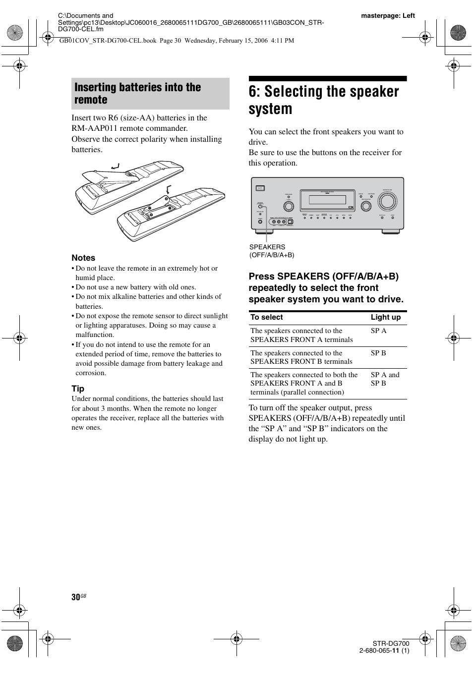 Selecting the speaker system, Inserting batteries into the remote | Sony STR-DG700 User Manual | Page 30 / 84