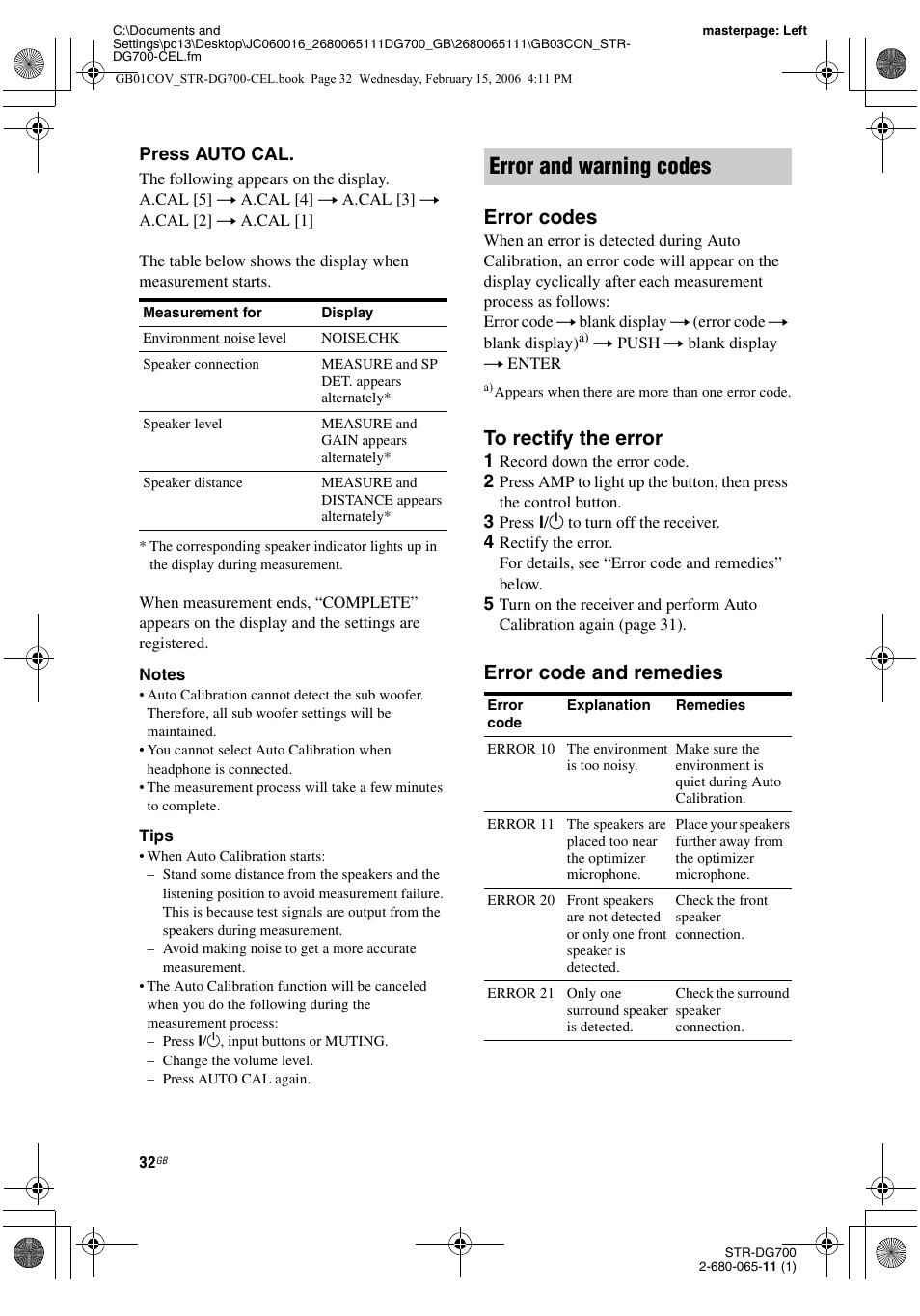 Error and warning codes, Error codes, Error code and remedies | Sony STR-DG700 User Manual | Page 32 / 84