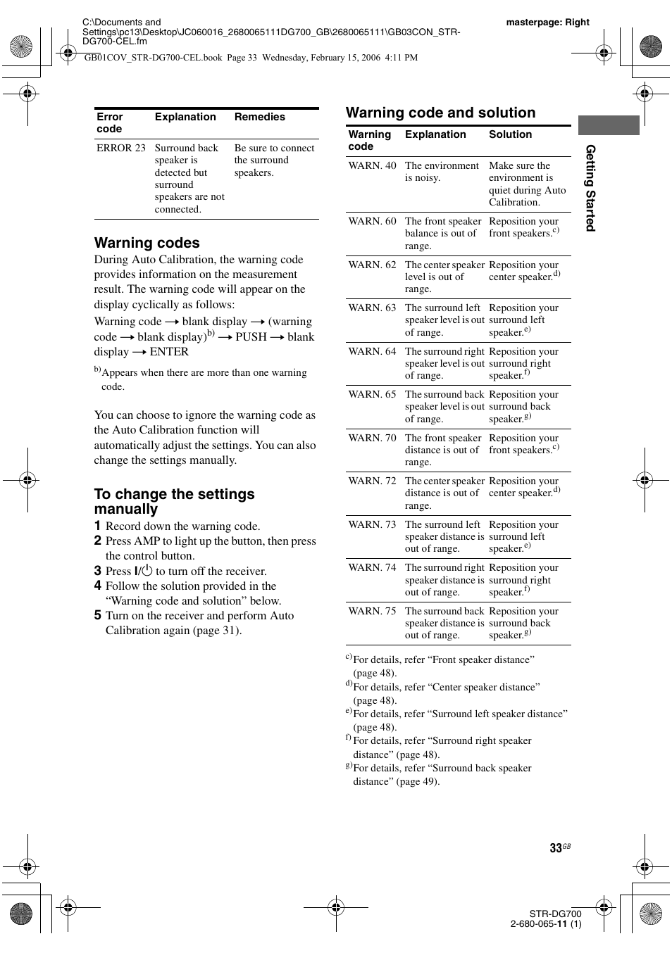 Warning codes, Warning code and solution | Sony STR-DG700 User Manual | Page 33 / 84