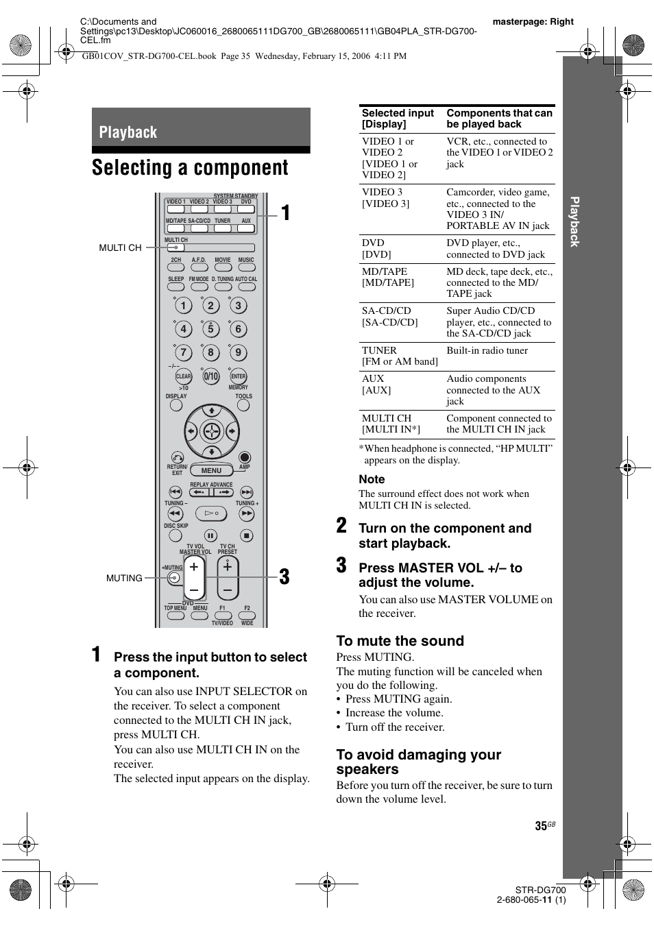 Playback, Selecting a component, Selecting a component 1 | Press the input button to select a component, Turn on the component and start playback, Press master vol +/– to adjust the volume, Play b a ck, You can also use master volume on the receiver | Sony STR-DG700 User Manual | Page 35 / 84