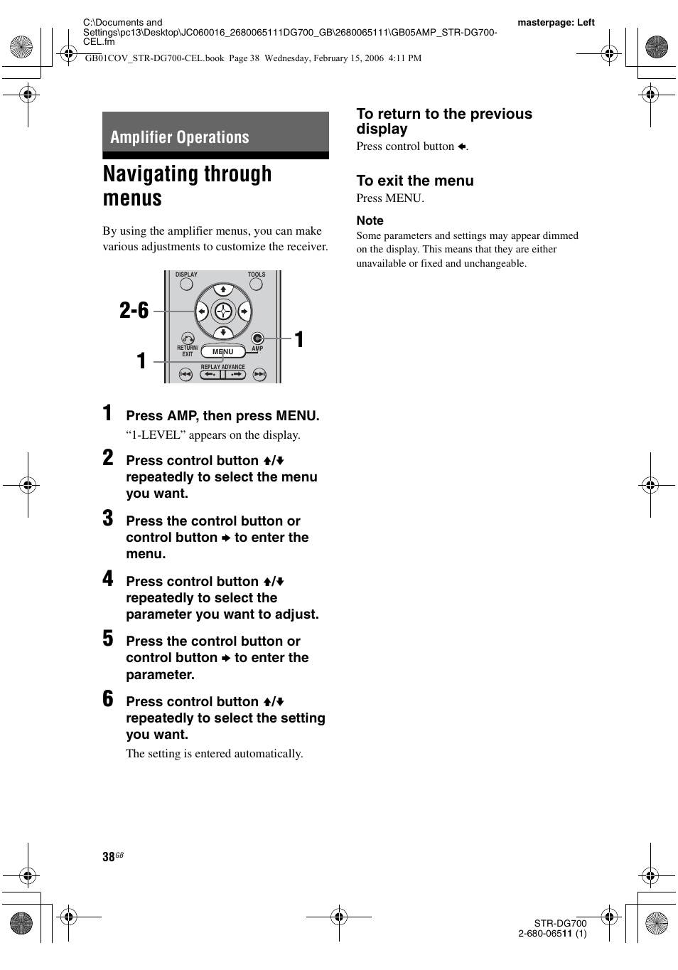 Amplifier operations, Navigating through menus | Sony STR-DG700 User Manual | Page 38 / 84