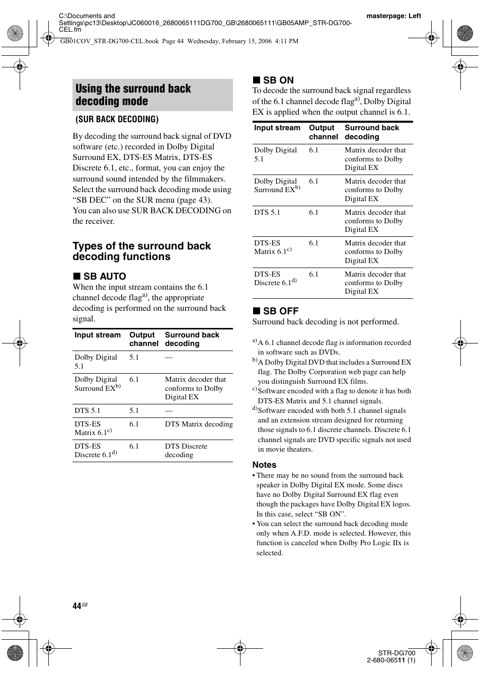 Using the surround back decoding mode, Types of the surround back decoding functions, X sb auto | X sb on, X sb off | Sony STR-DG700 User Manual | Page 44 / 84