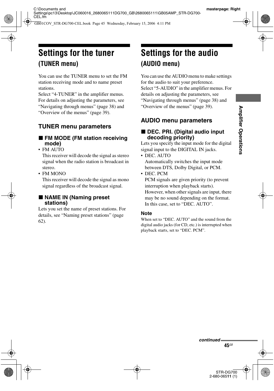 Settings for the tuner (tuner menu), Settings for the audio (audio menu), Settings for the tuner | Settings for the audio, Tuner menu), Audio menu) | Sony STR-DG700 User Manual | Page 45 / 84