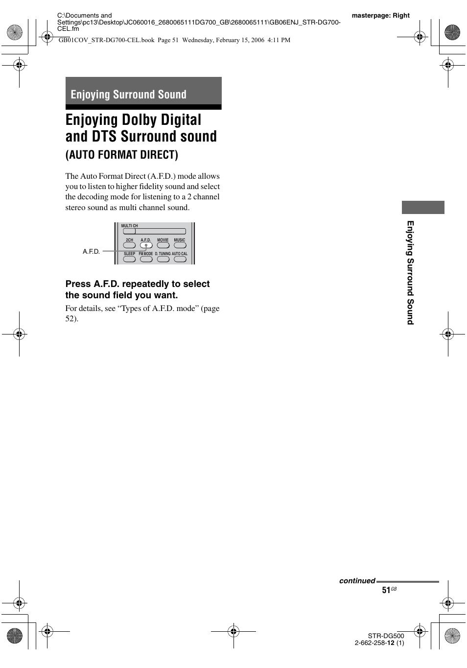 Enjoying surround sound, Enjoying dolby digital and dts surround, Sound (auto format direct) | Enjoying dolby digital and dts surround sound, Auto format direct) | Sony STR-DG700 User Manual | Page 51 / 84