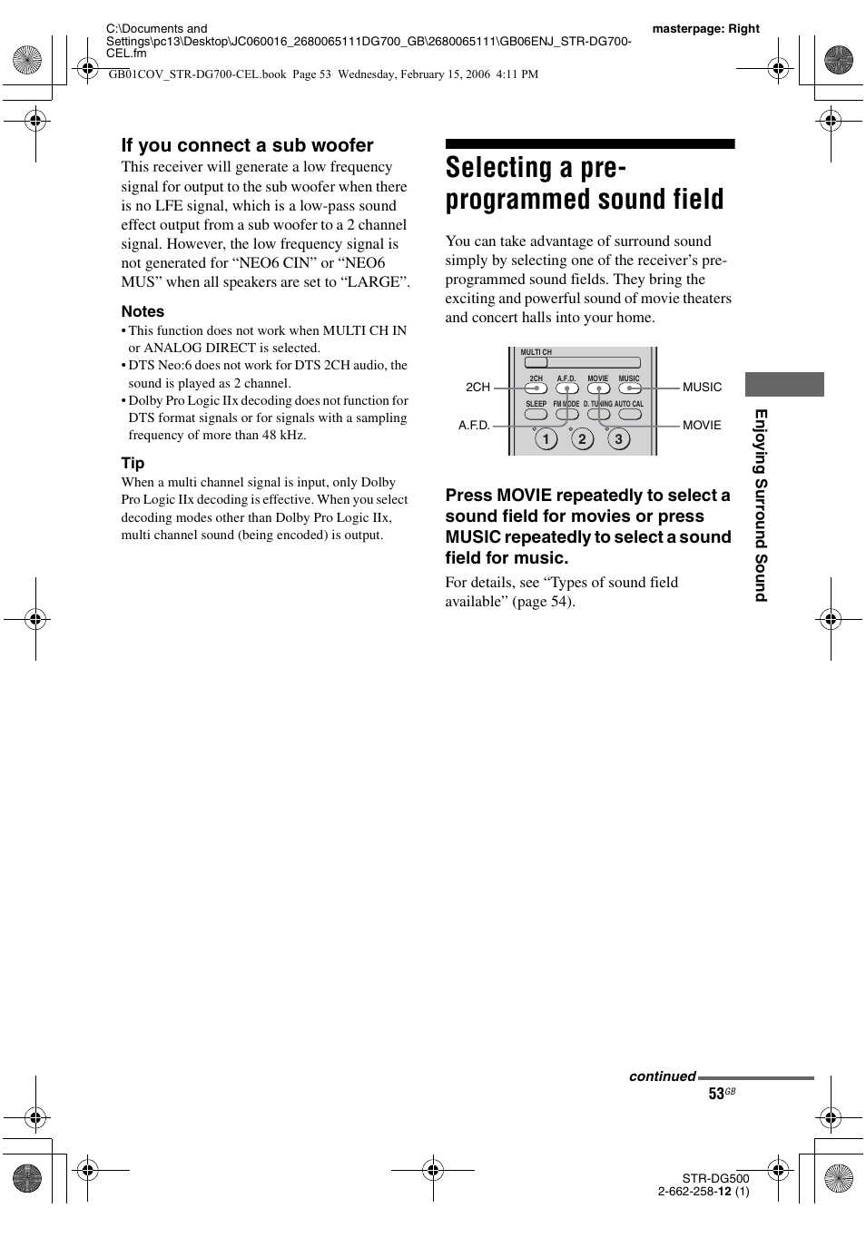 Selecting a pre- programmed sound field, Selecting a pre-programmed sound field, If you connect a sub woofer | Sony STR-DG700 User Manual | Page 53 / 84