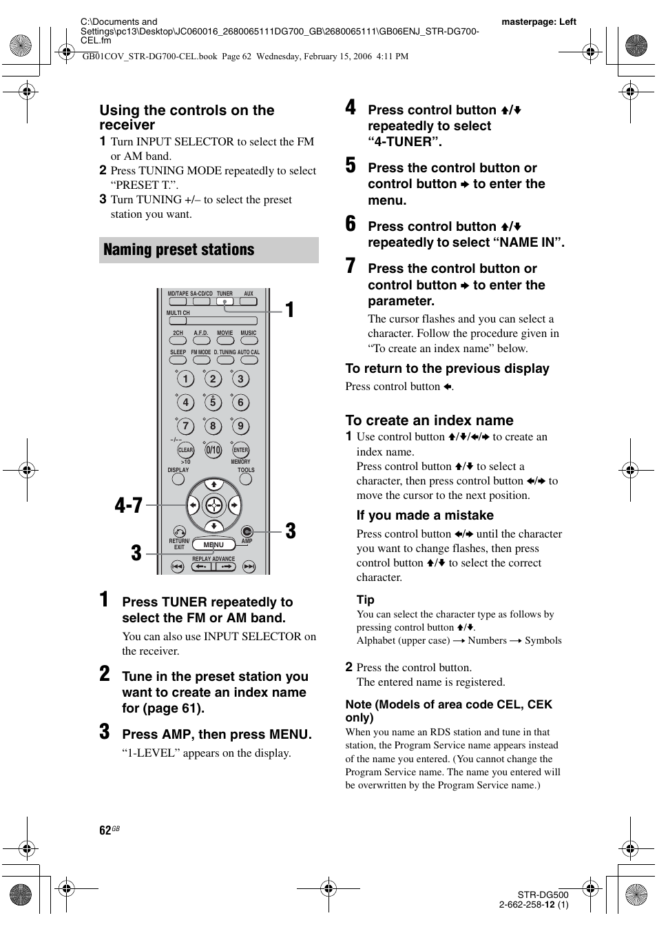 Naming preset stations, Using the controls on the receiver | Sony STR-DG700 User Manual | Page 62 / 84