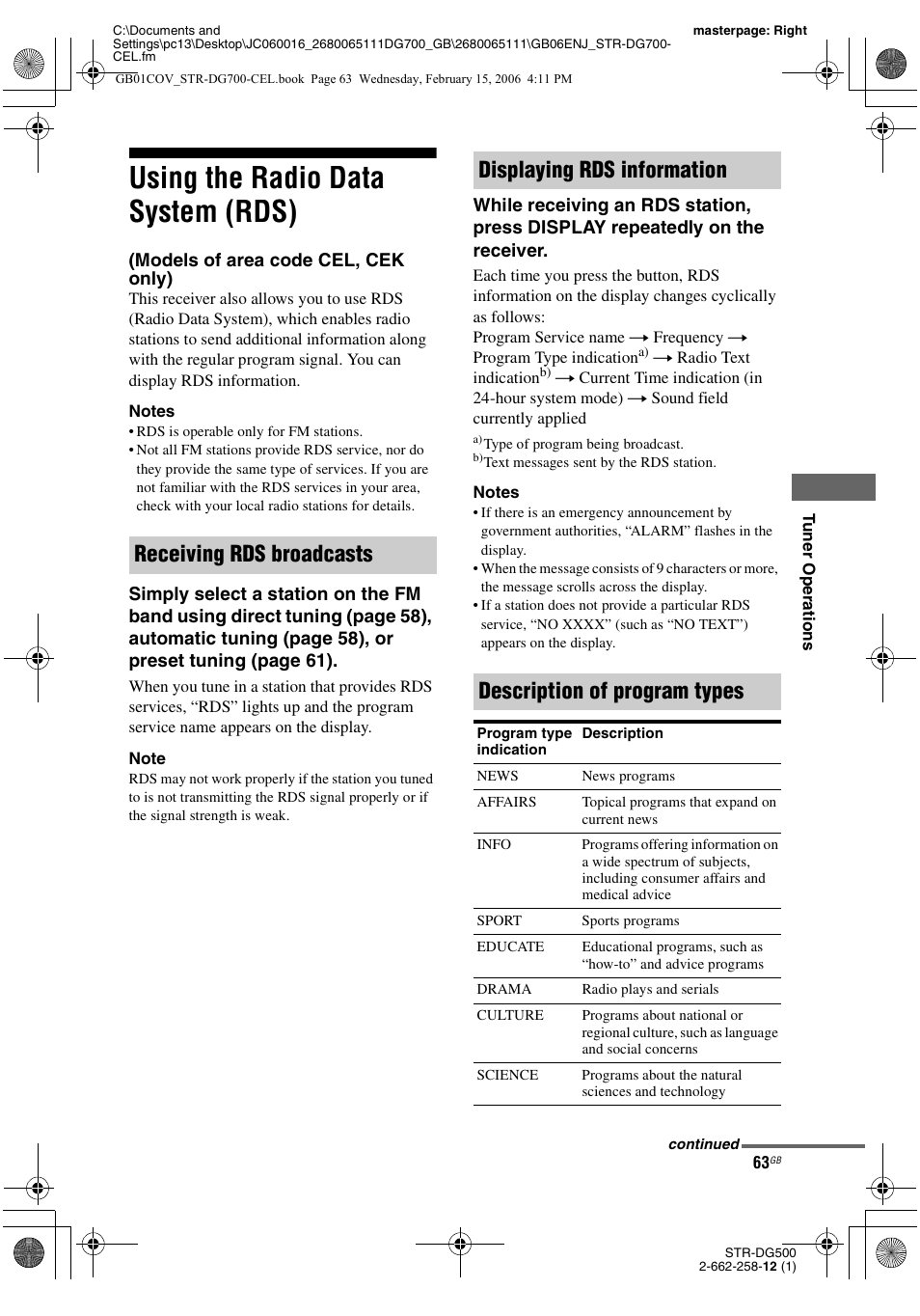 Using the radio data system (rds), Models of area code cel, cek only), E 63, 67 | Sony STR-DG700 User Manual | Page 63 / 84