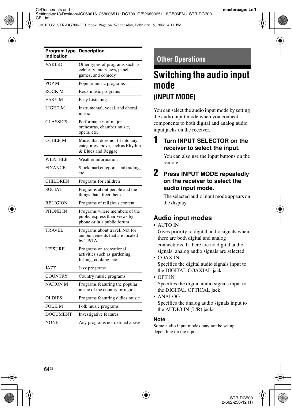 Other operations, Switching the audio input mode (input mode), Switching the audio input mode | Input mode), Audio input modes | Sony STR-DG700 User Manual | Page 64 / 84